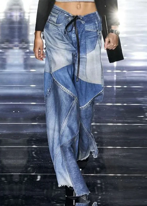 Personalized Outfit Modern Blue Pockets Patchwork Denim Wide Leg Pants Spring