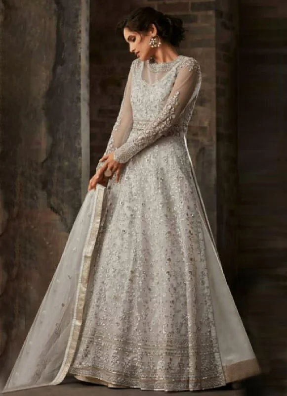 Exquisite Tailoring Grey Satin Resham Pakistani Lehenga Suit for ceremonies