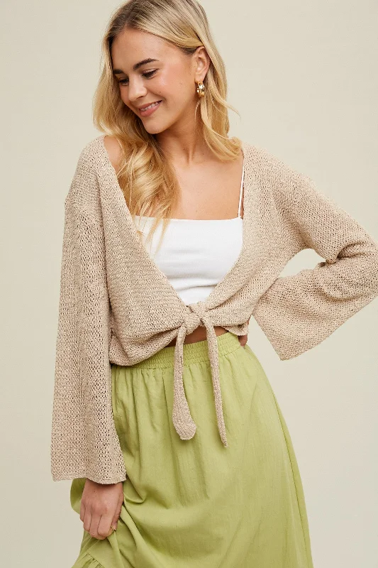 Modernism Taupe Open Knit Sweater Self-Tie Cardigan