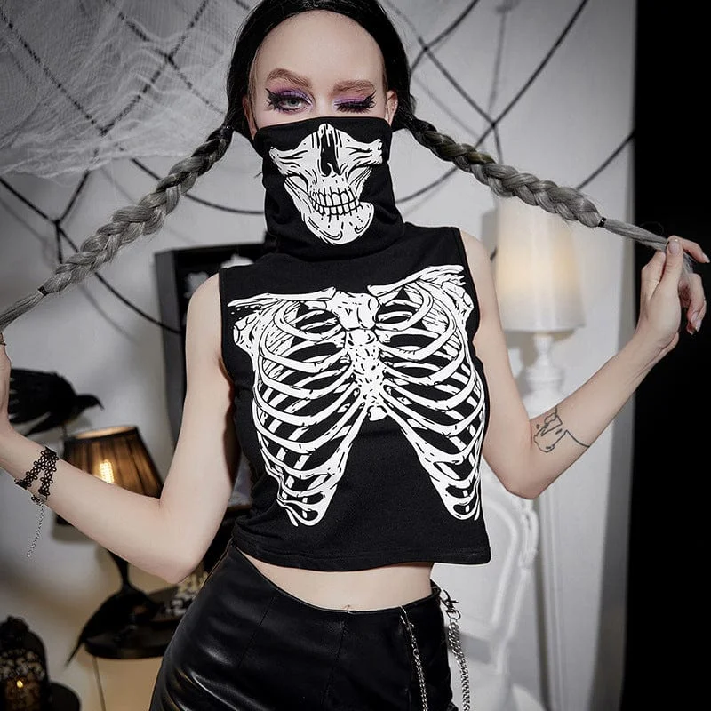 High-end Wear Women's Punk Stand Collar Skull Printed Tank Top