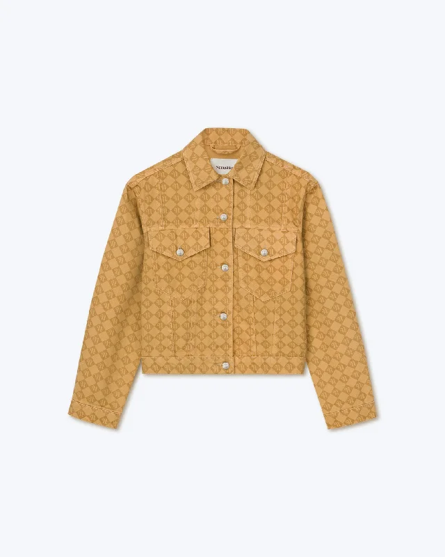 Goddess Style Maren - Sale Laser Faded Monogram Camel Jacket - Denim