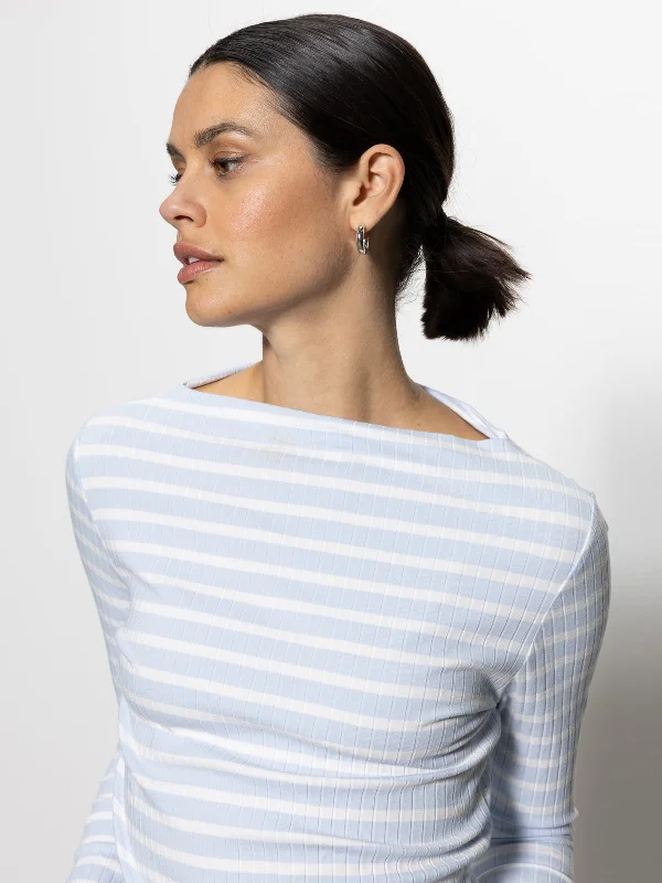 Fresh And Elegant Long Sleeve Boatneck T-Shirt Sky Blue / White Stripe