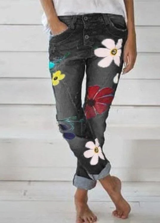 Fresh Wear Casual Flower Print Button Denim Long Jeans For Women
