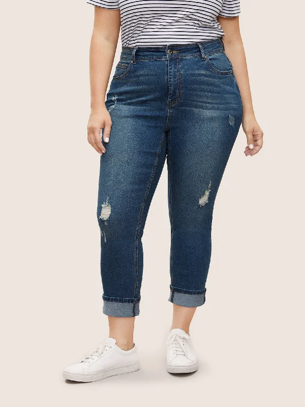 Fashion Must-have Roll Hem Ripped Pocket Straight Leg Cropped Jeans