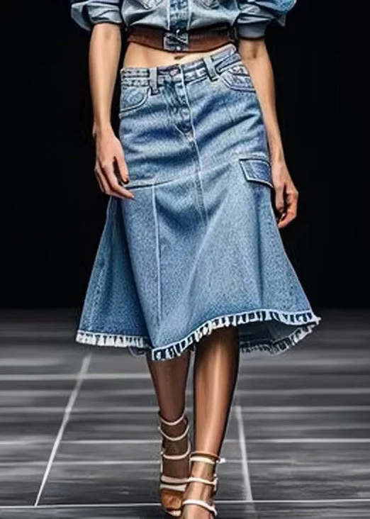 Fashion Expert French Blue Pockets High Waist Patchwork Denim Skirt Summer