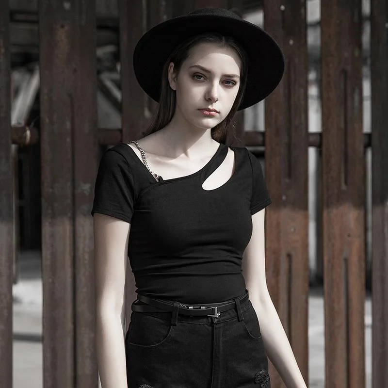 Minimal Style Women's Goth Spring Fitted Black T-shirt
