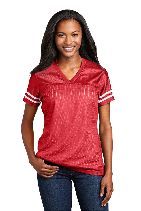 Fashionable Prints Sport-Tek Womens Short Sleeve V-Neck T-Shirt - True Red/White
