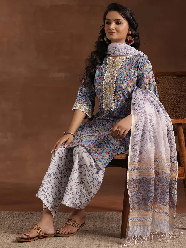 Casual Choice Blue Printed Cotton Straight Suit With Dupatta