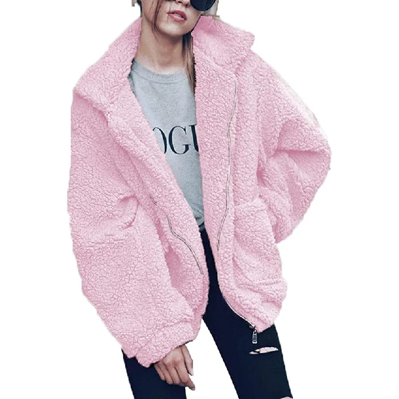 Fashionable Prints Women's Lapel Zip Up Faux Shearling Shaggy Coat Jacket