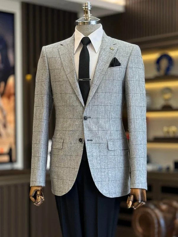 Celebrity Picks Grey Plaid Single Breasted Blazer