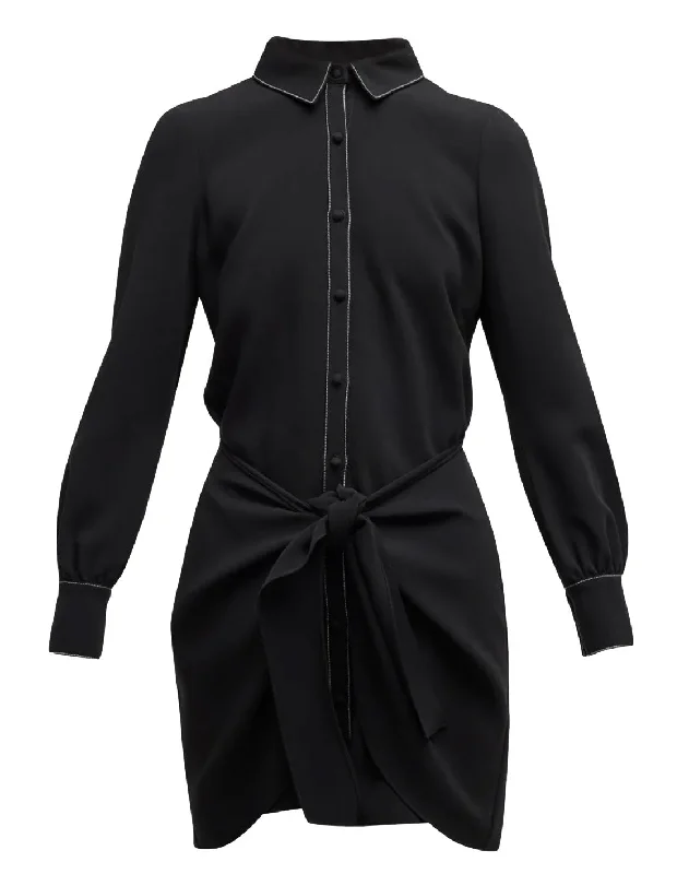 High Street Design Cinq A Sept Gaby Tie-Waist Topstitched Solid Black Crepe Mini Dress, 2