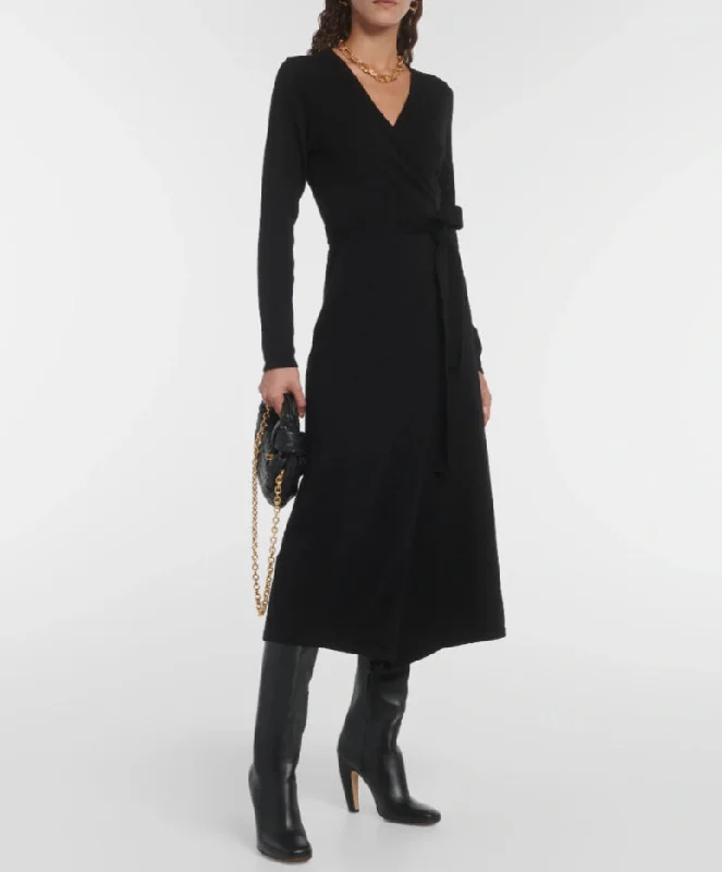 Fresh And Fashionable Diane Von Furstenberg Dvf Women Astrid Wool Cashmere Wrap Midi Dress Black