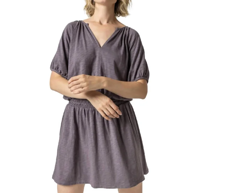 Retro Design Elastic Waist Split Neck Dress In Pewter