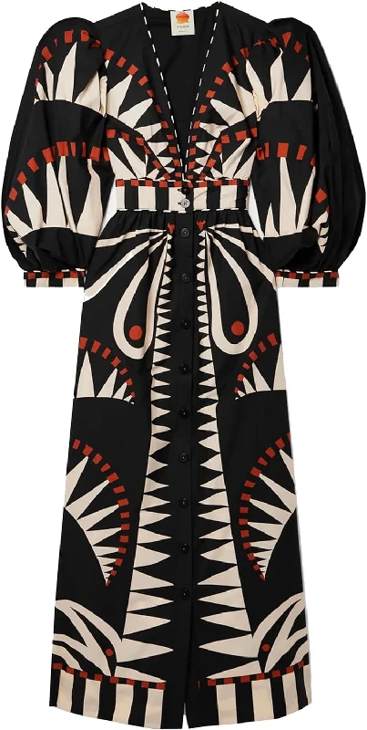 Urban Style FARM Rio Women Coconut Grove Black V-Neck Long Puff Sleeve Maxi Dress Black