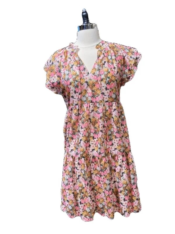 Cool Style Flutter-Sleeve Dress In Pink/orange Floral