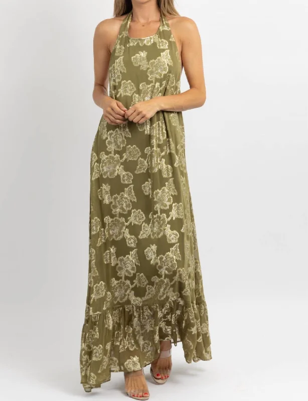 Printed Patterns Halter Maxi Dress In Andie Olive, Gold