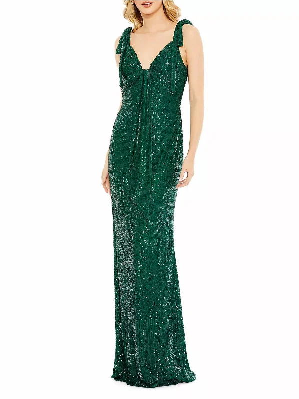 Classic Style Ieena- Sequined Low Back Bow Shoulder Gown In Emerald