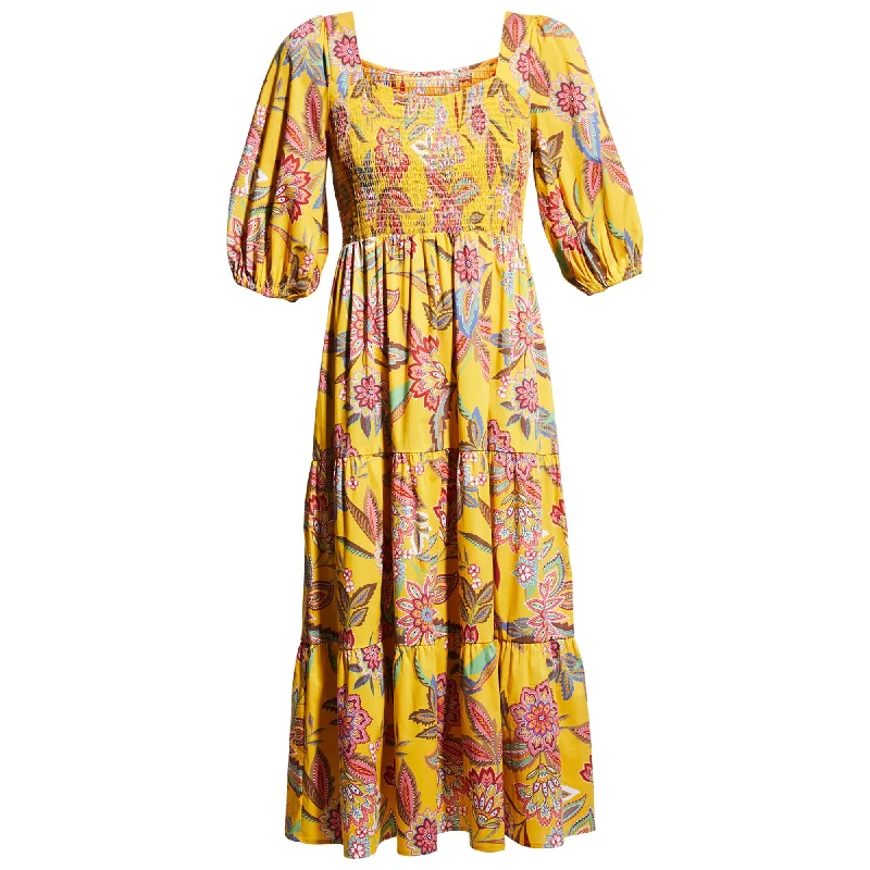 Classic Choice Johnny Was Women's Mladen Smocked Yellow Floral Midi Sundress