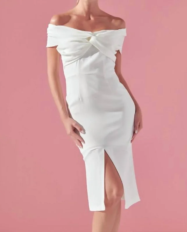 Leisure Sports Knot Front Off The Shoulder Midi Dress In White