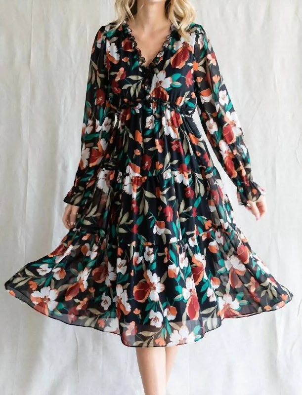 Tropical Style Midi Floral Chiffon Dress