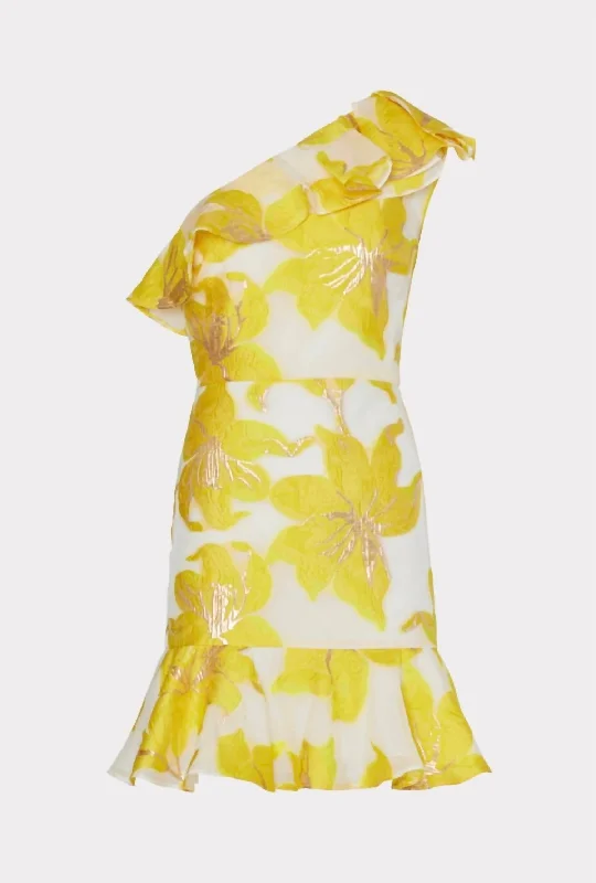 Goddess Style Nila Metallic Fleur Jacquard Ruffle Dress In Yellow