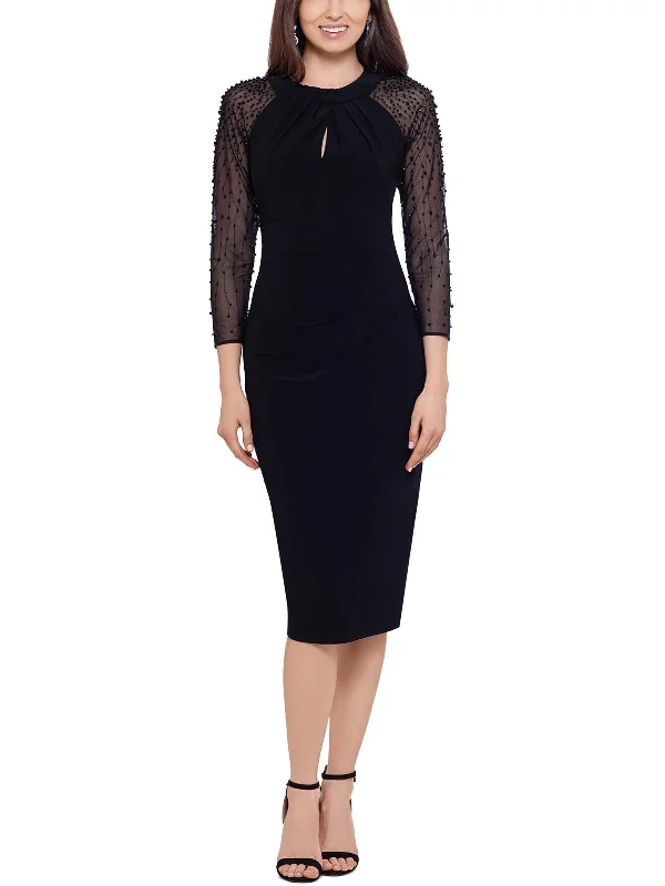 American Style Petites Womens Beaded Mesh Sleeves Cocktail and Party Dress