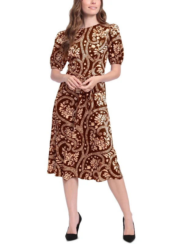 Fresh And Elegant Petites Womens Puff Sleeve Printed Midi Dress