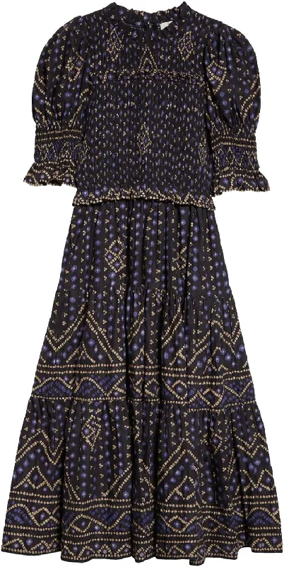 Exquisite Design Sea Ny Women Delphine Pucker Cotton Puff Sleeve Smocked Midi Dress (D2) Blue