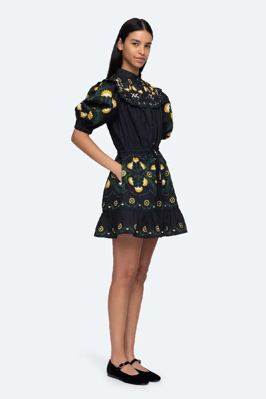 Perfect Tailoring SEA NY Women Perle Print Puff Sleeve Pleated Ruffled Mini Dress Black