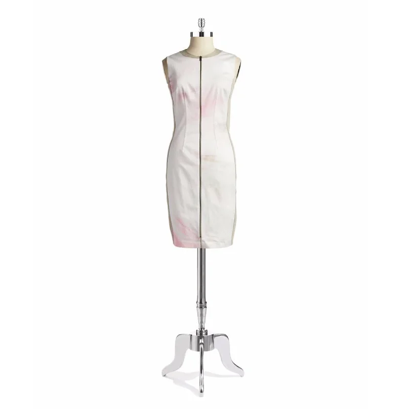 Exquisite Tailoring T TAHARI Women's Avani White Printed Sleeveless Front Zip Stretch Dress Sheath