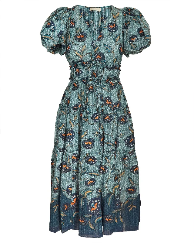 Refreshing Design Ulla Johnson Women Eloisa Short Puff Sleeve Tiered Midi Dress Cornflower