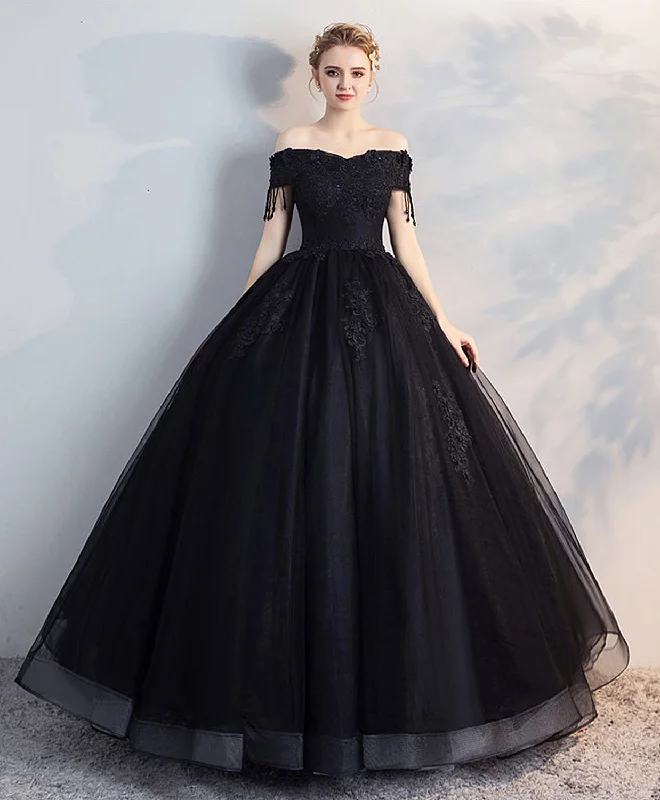 High-end Sense Black Off Shoulder Lace Tulle Long Prom Dress, Black Evening Dress