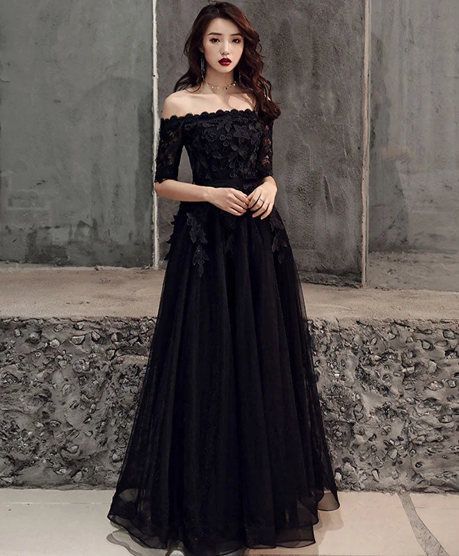 Must-have For Fashion Black Tulle Lace Long Prom Dress, Black Tulle Evening Dress