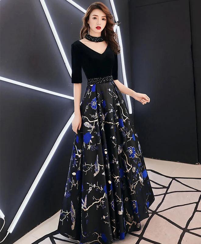 End Of The Year Black V Neck Satin Long Prom Dress, Black Evening Dress