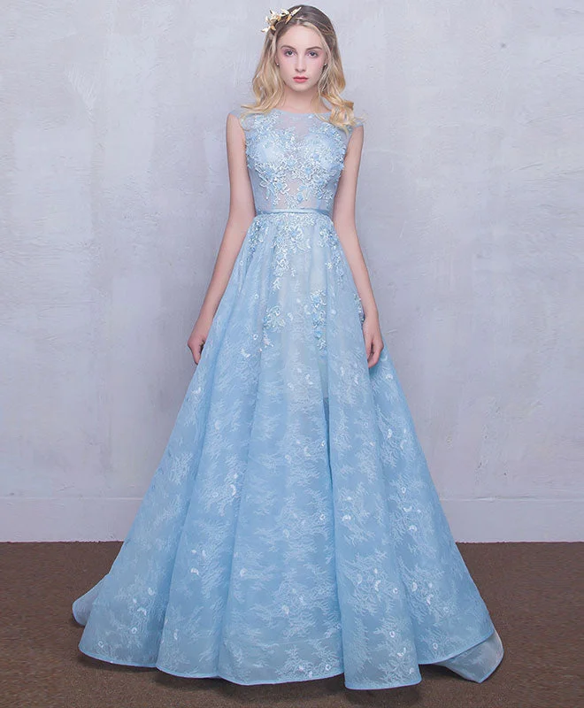 Fashion Wear Blue Round Neck Lace Long Prom Dress, Blue Sweet 16 Dress