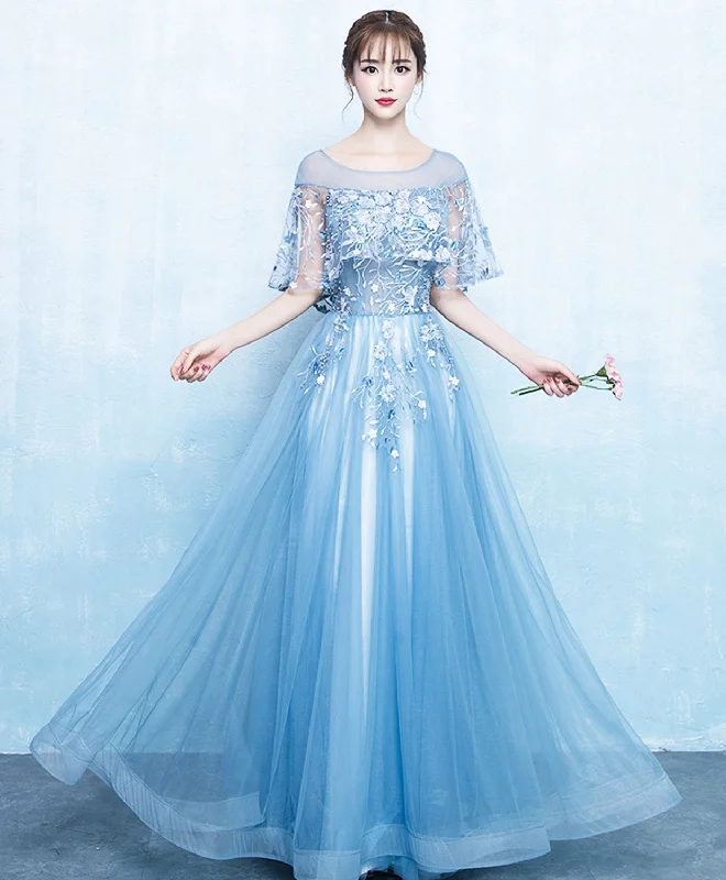 British Style Blue Tulle Lace Long Prom Dress, Blue Tulle Evening Dress