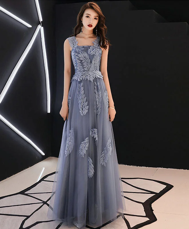 Refreshing Design Gray Blue Tulle Lace Long Prom Dress, Gray Blue Tulle Evening Dress