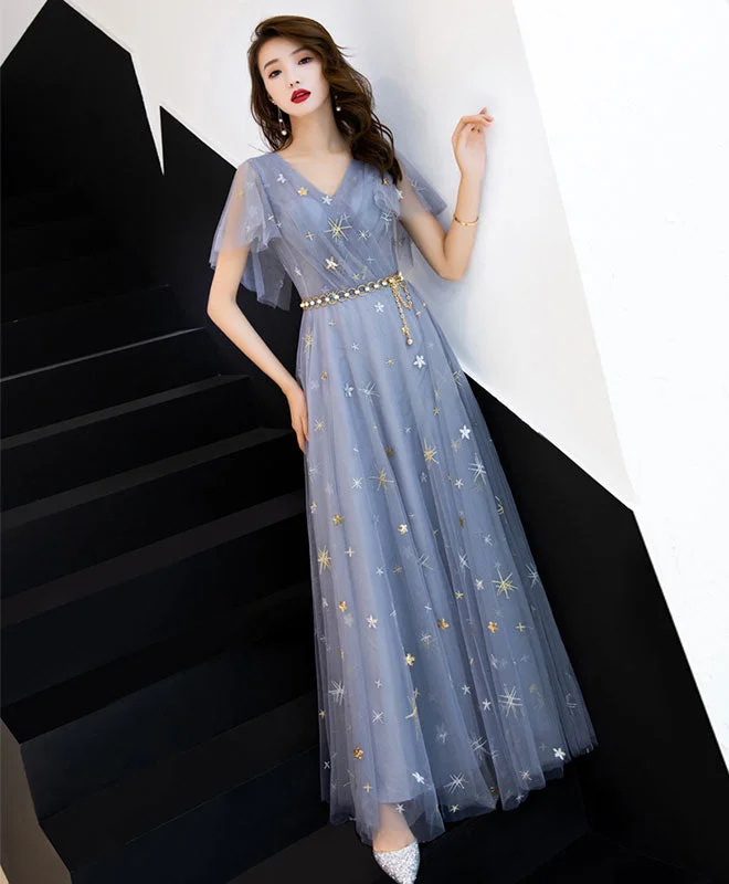 Goddess Outfit Blue Aline Tulle Long Prom Dress, Blue Tulle Bridesmaid Dress