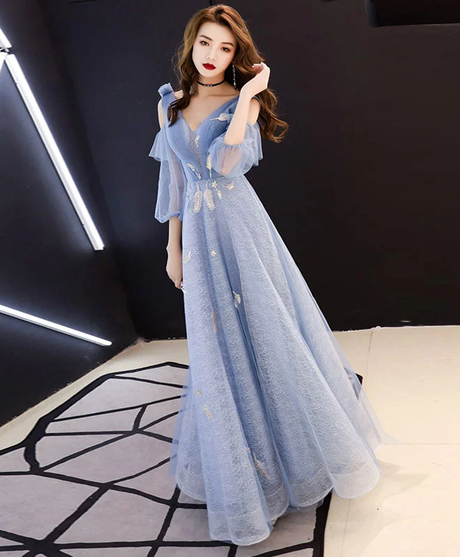 Quality Tailoring Blue V Neck Tulle Lace Long Prom Dress, Blue Evening Dress