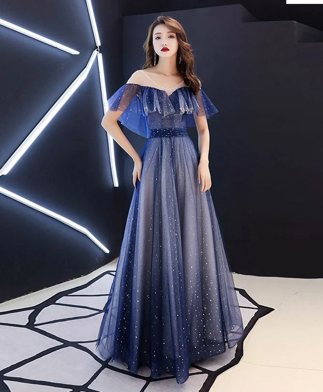 Printed Patterns Blue V Neck Tulle Long Prom Dress, Blue Tulle Evening Dress