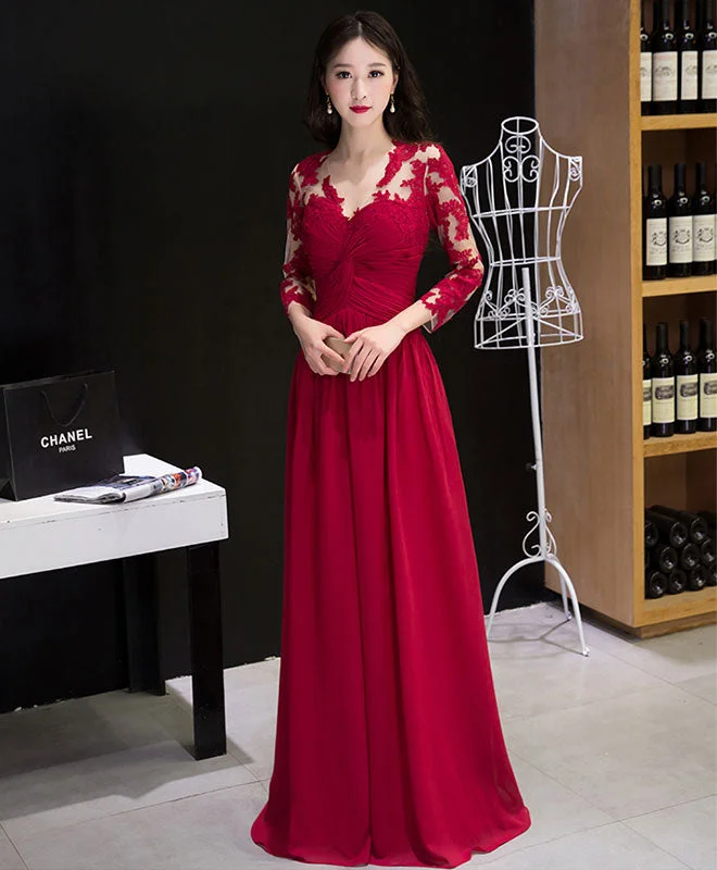 Personal Design Burgundy Chiffon Lace Long Prom Dress, Bridesmaid Dress