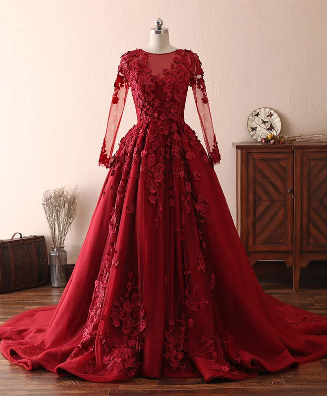 Minimal Classic Burgundy Lace Satin Long Prom Dress, Burgundy Lace Evening Dress