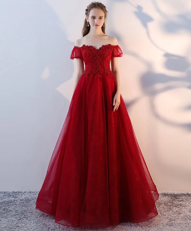 Fashion Expert Burgundy Tulle Lace Long Prom Dress, Burgundy Lace Evening Dress