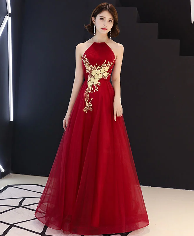 Sports Trend Burgundy Tulle Lace Long Prom Dress, Burgundy Tulle Evening Dress