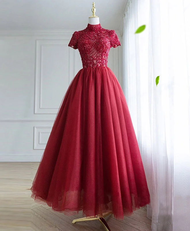 Sports And Leisure Burgundy Tulle Lace Long Prom Dress, Tulle Lace Evening Dress
