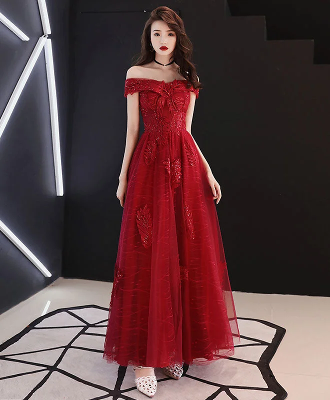 Casual Choice Burgundy Tulle Lace Off Shoulder Prom Dress, Burgundy Evening Dress