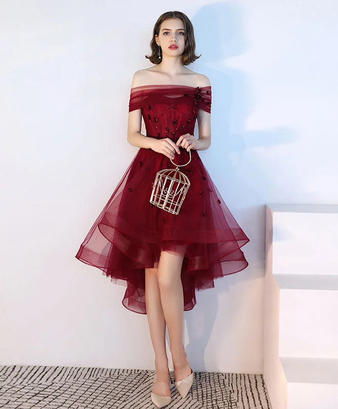 Elegant Outline Burgundy Tulle Lace Short Prom Dress, Burgundy Tulle Evening Dress