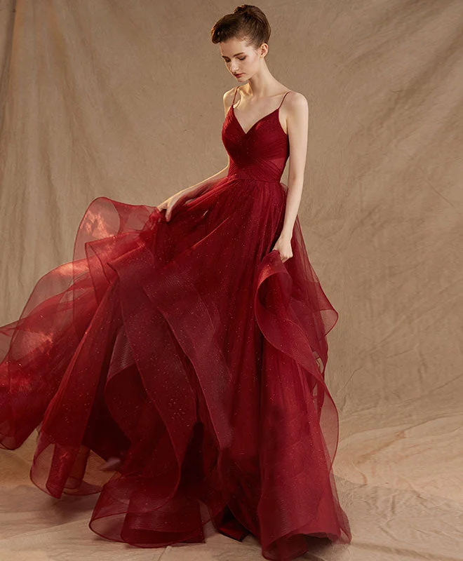 Elegant Series Burgundy Tulle Long Prom Dress, Burgundy Tulle Evening Dress