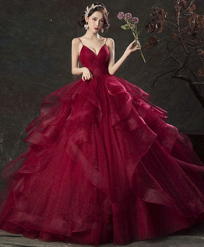 American Style Burgundy V Neck Tulle Long Prom Dress, Burgundy Sweetheart 16 Dress