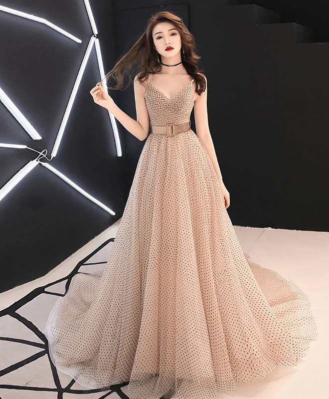 Embroidery Design Champagne Sweetheart Tulle Long Prom Dress, Champagne Tulle Evening Dress